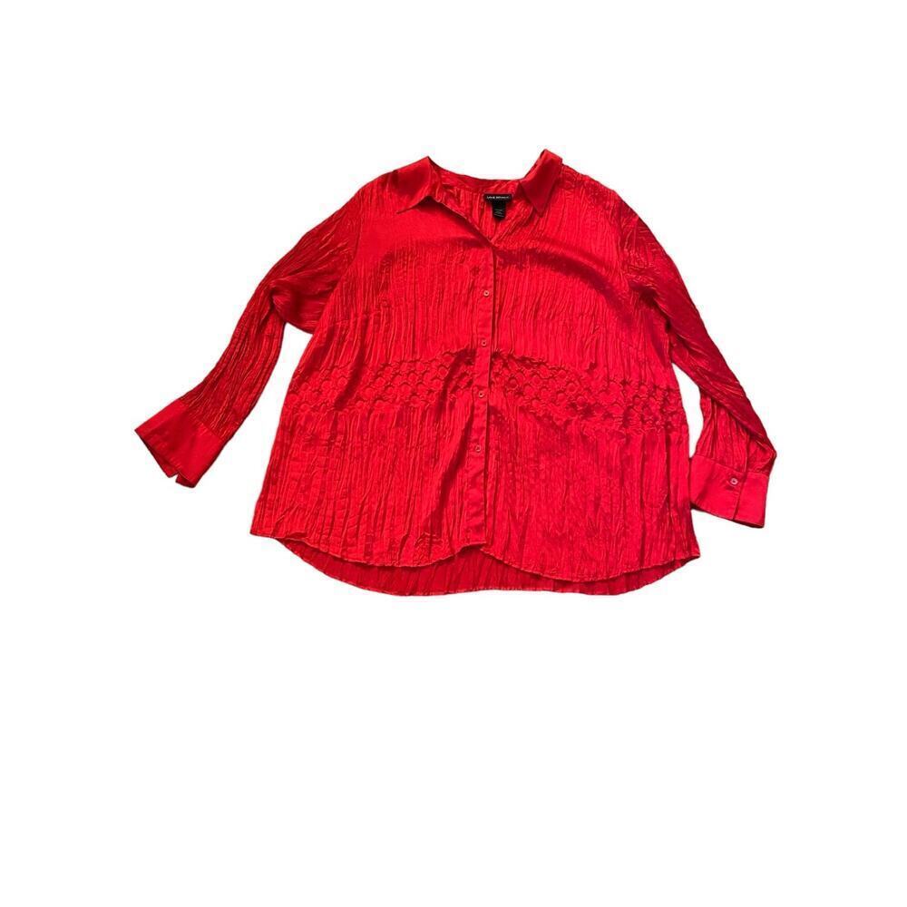 Lane Bryant Plus Size 22/24 Red Crinkle Texture Button Down Tunic Shirt Top
